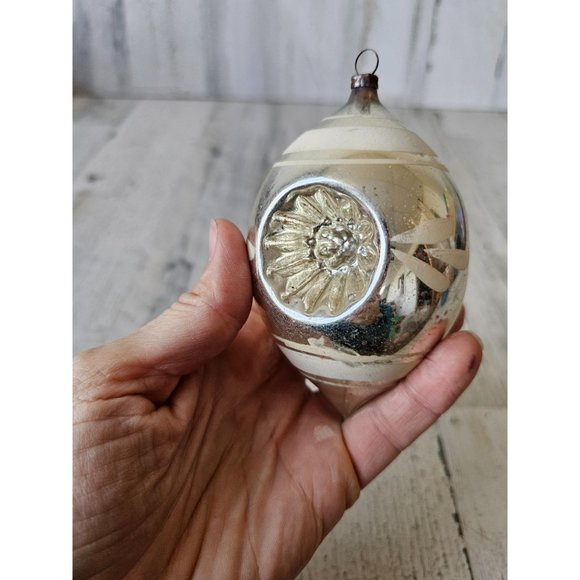 Antique silver triple indent white striped teardrop glass ornament Xmas tree - Picture 5 of 10